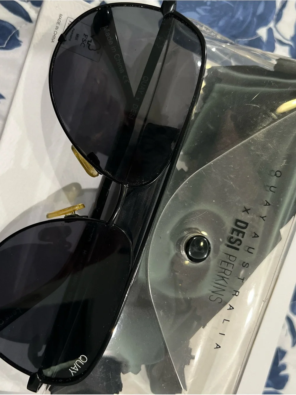 Quay Australia Black Aviator Sunglasses with Gold Nose Pads